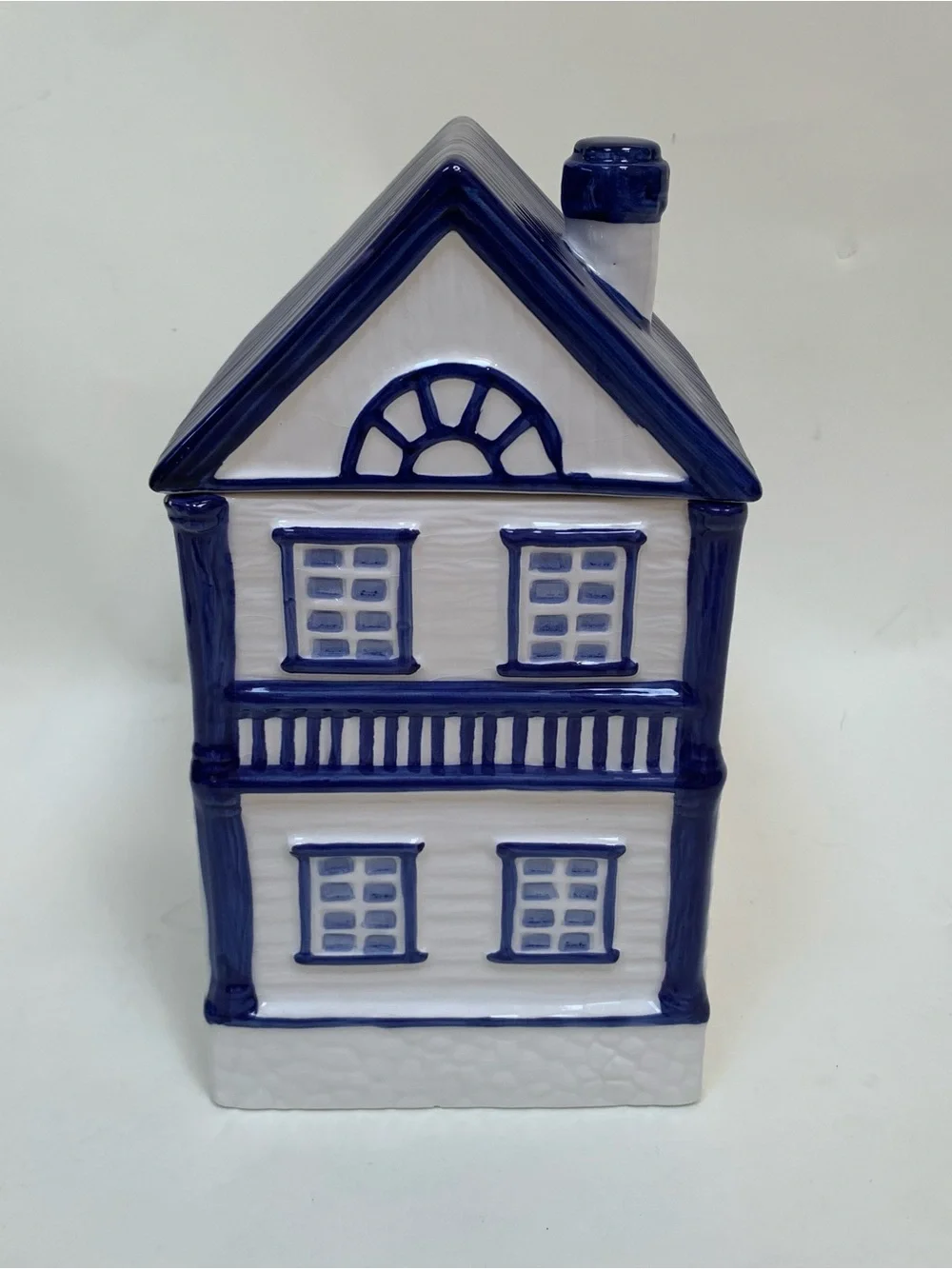 Vintage CKAO Ceramic Victorian Style House Cookie Jar Blue White, 11